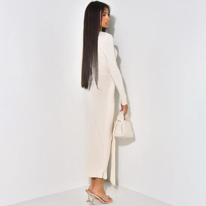 Elegant Solid Color Long Sleeve Knot Detail Maxi Dress