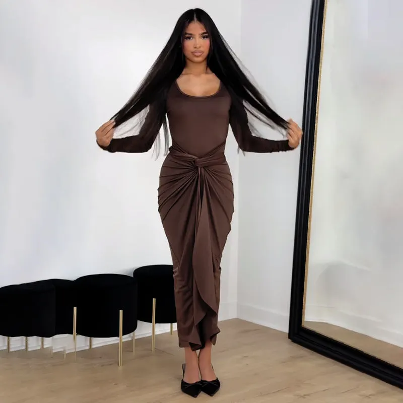 Elegant Solid Color Long Sleeve Knot Detail Maxi Dress