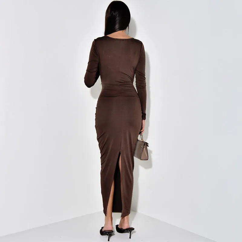 Elegant Solid Color Long Sleeve Knot Detail Maxi Dress