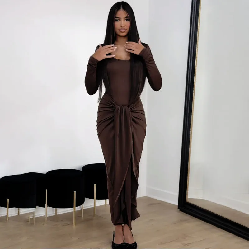 Elegant Solid Color Long Sleeve Knot Detail Maxi Dress