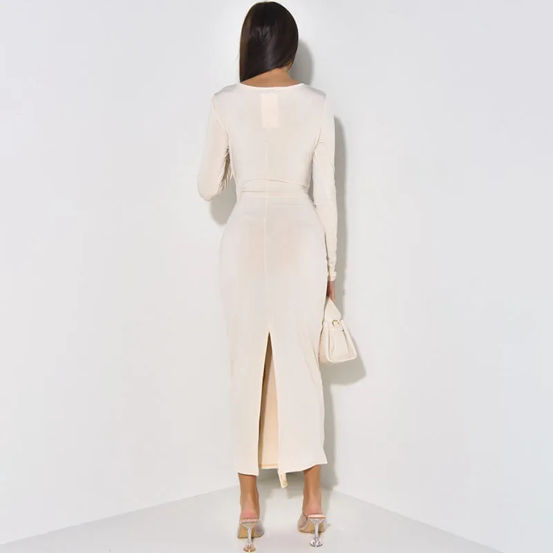 Elegant Solid Color Long Sleeve Knot Detail Maxi Dress