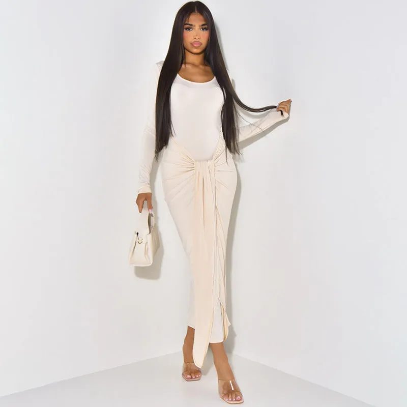Elegant Solid Color Long Sleeve Knot Detail Maxi Dress