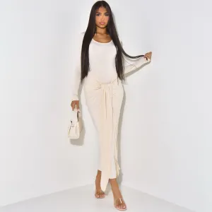 Elegant Solid Color Long Sleeve Knot Detail Maxi Dress