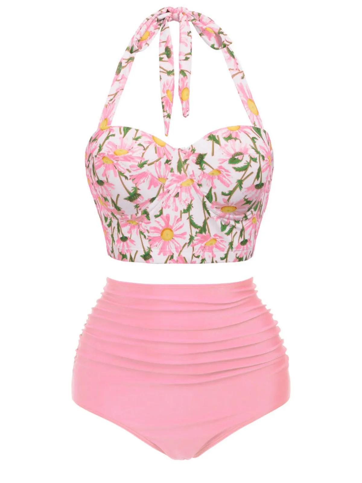 Ensemble de Bikini à Lacets et Licou à Fleurs Rose