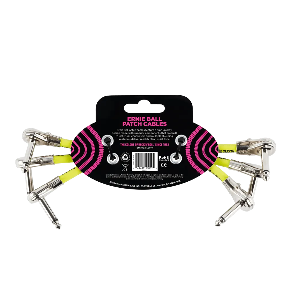 Ernie Ball Flat Angle Patch Cable 3 Pack, Black, 15 cm Length