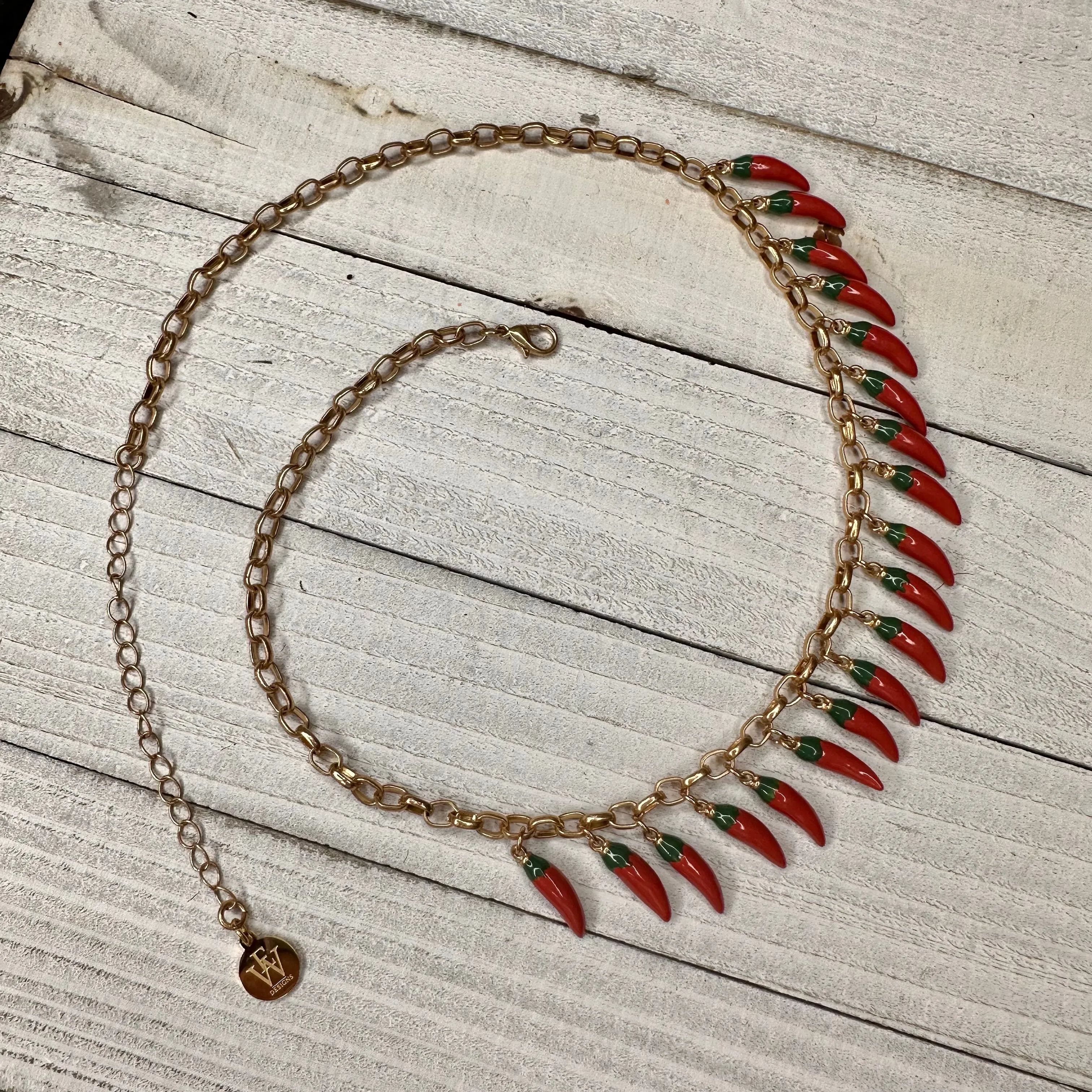 Gold Plated Chain Necklace with Small Fresno Peppers as Charms | Erika Williner Designs
