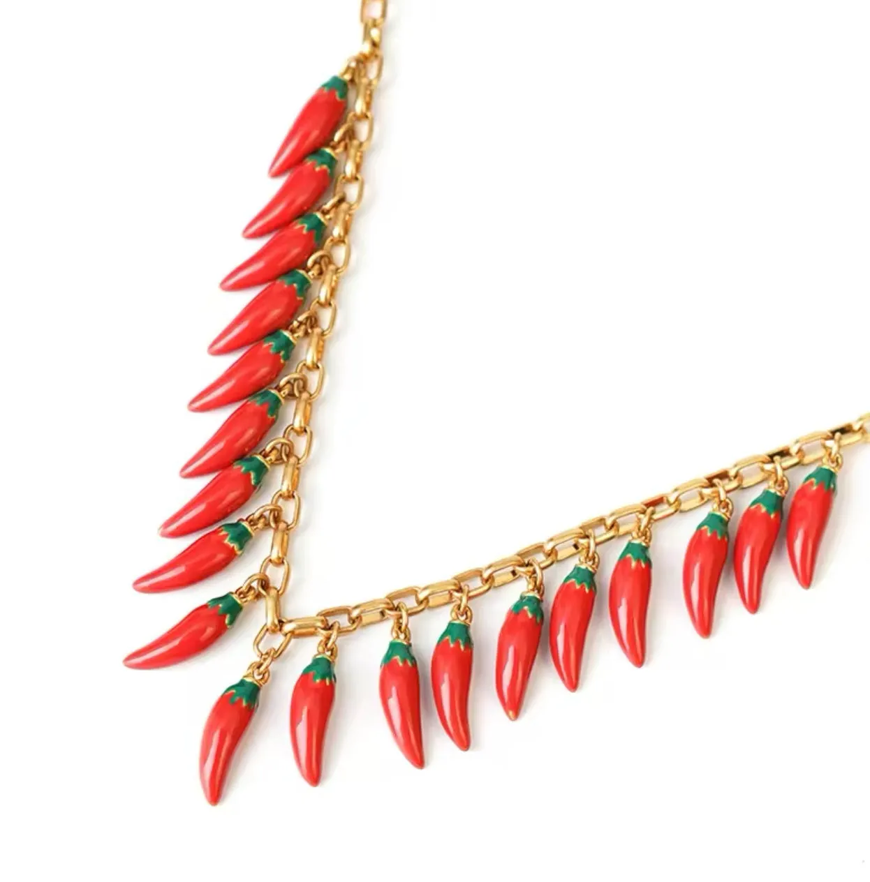 Gold Plated Chain Necklace with Small Fresno Peppers as Charms | Erika Williner Designs