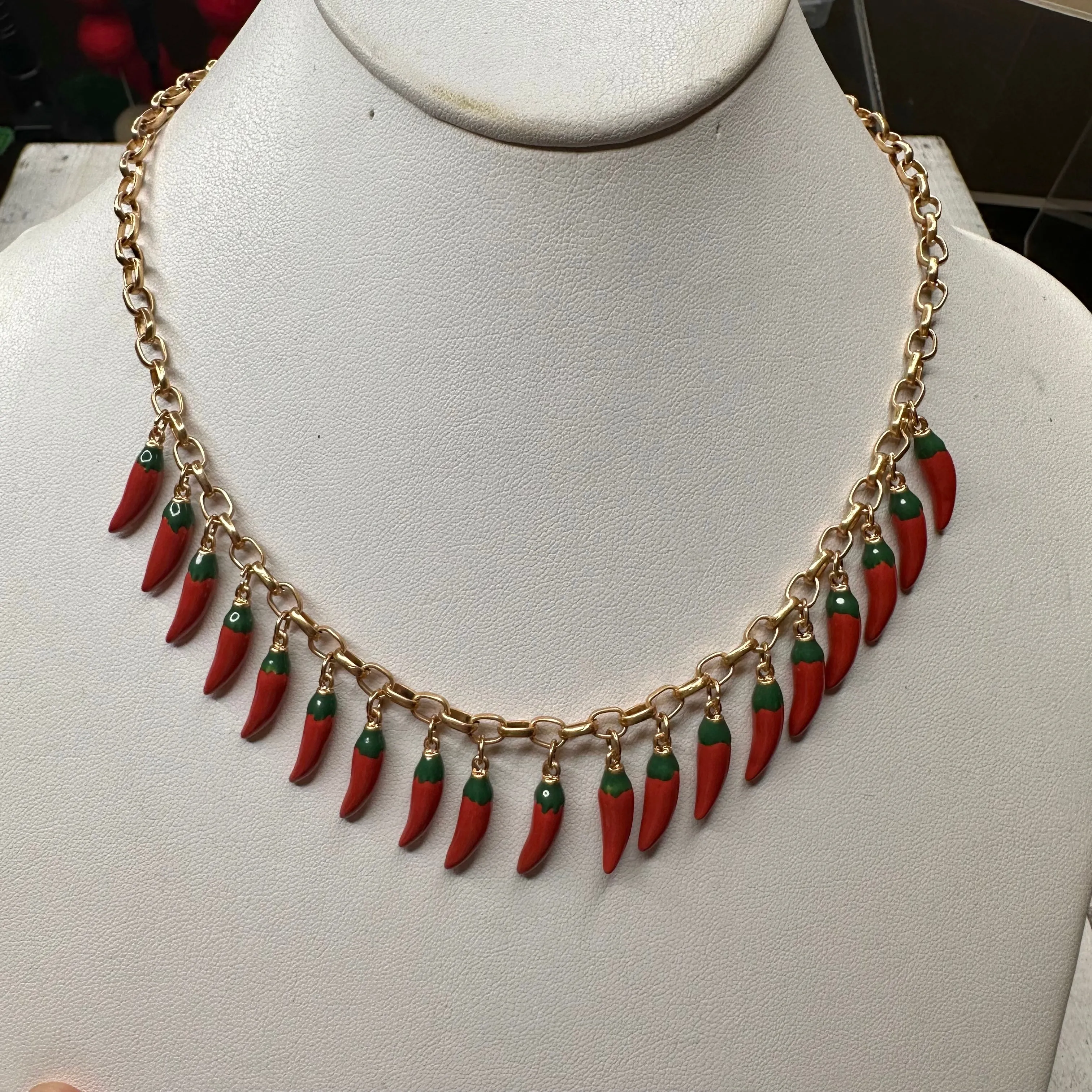 Gold Plated Chain Necklace with Small Fresno Peppers as Charms | Erika Williner Designs