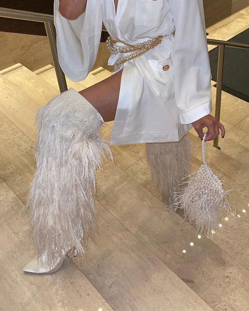 Goosudu Solid Color Luxe Feather Tassel Pointed Toe Boots