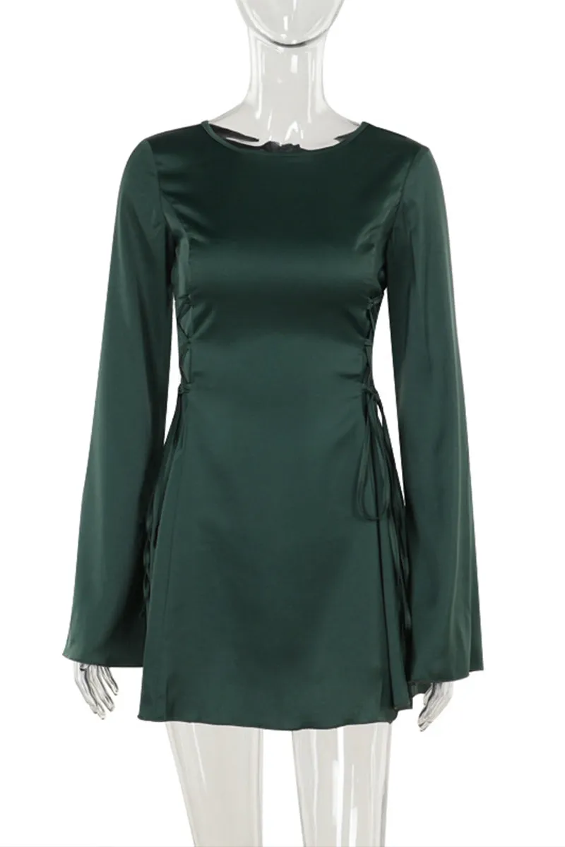 HBR1095 Satin Flare Sleeve Mini Dress