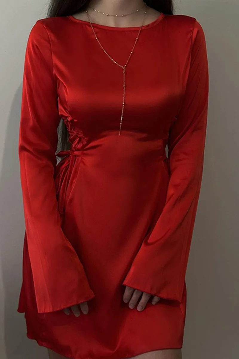 HBR1095 Satin Flare Sleeve Mini Dress