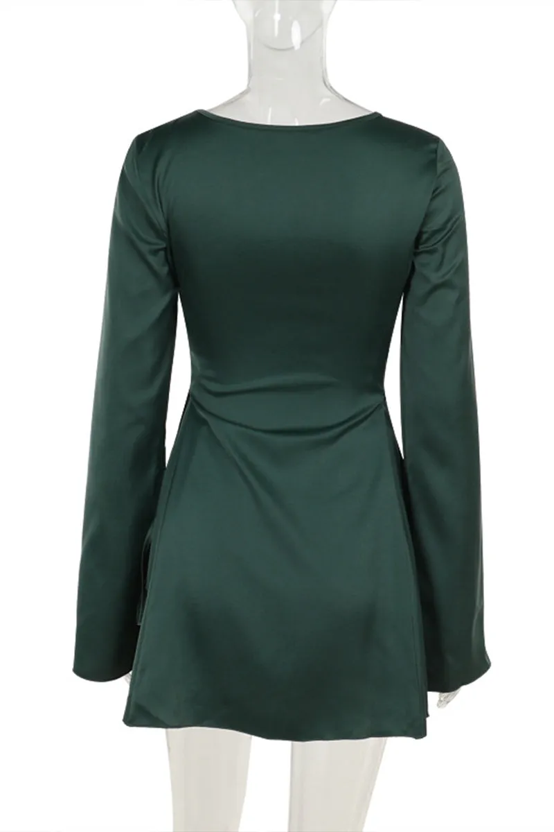 HBR1095 Satin Flare Sleeve Mini Dress