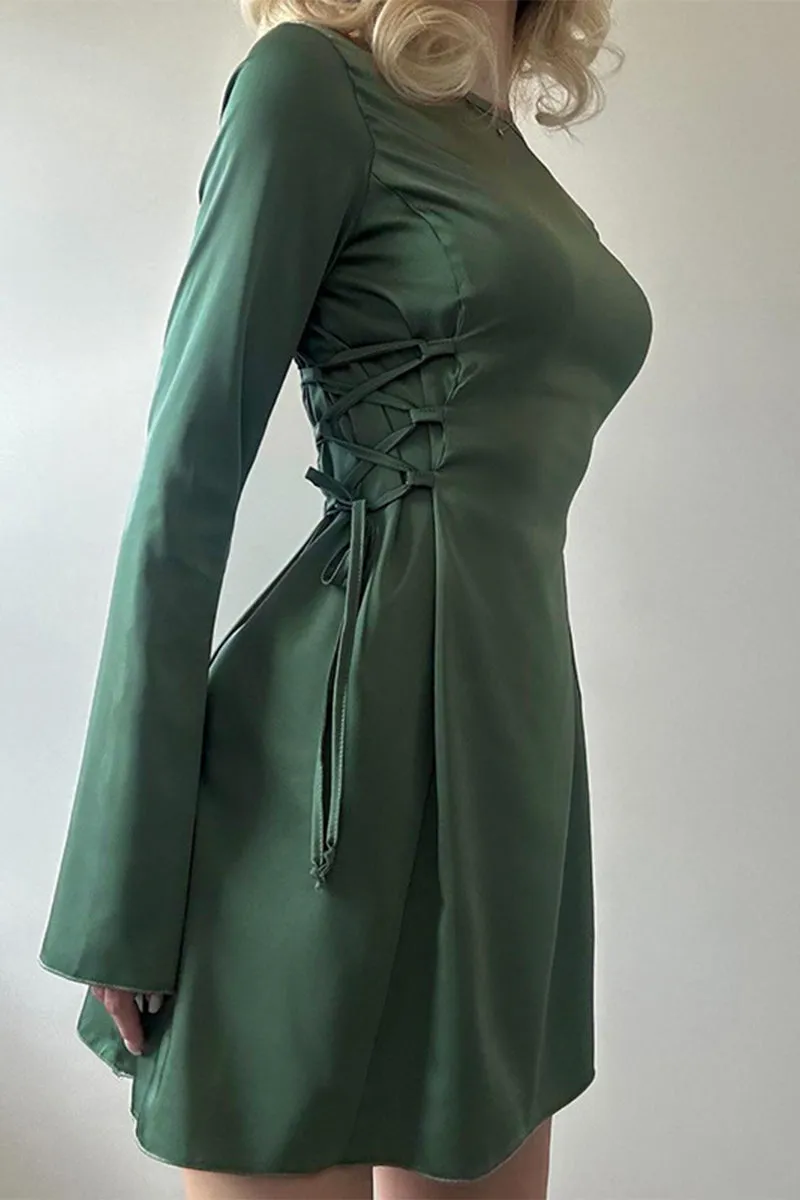 HBR1095 Satin Flare Sleeve Mini Dress