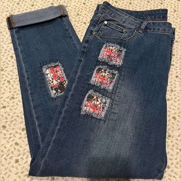 Joseph Ribkoff Sz 16 Women's 5 Pocket Blue Jeans with Floral Patches