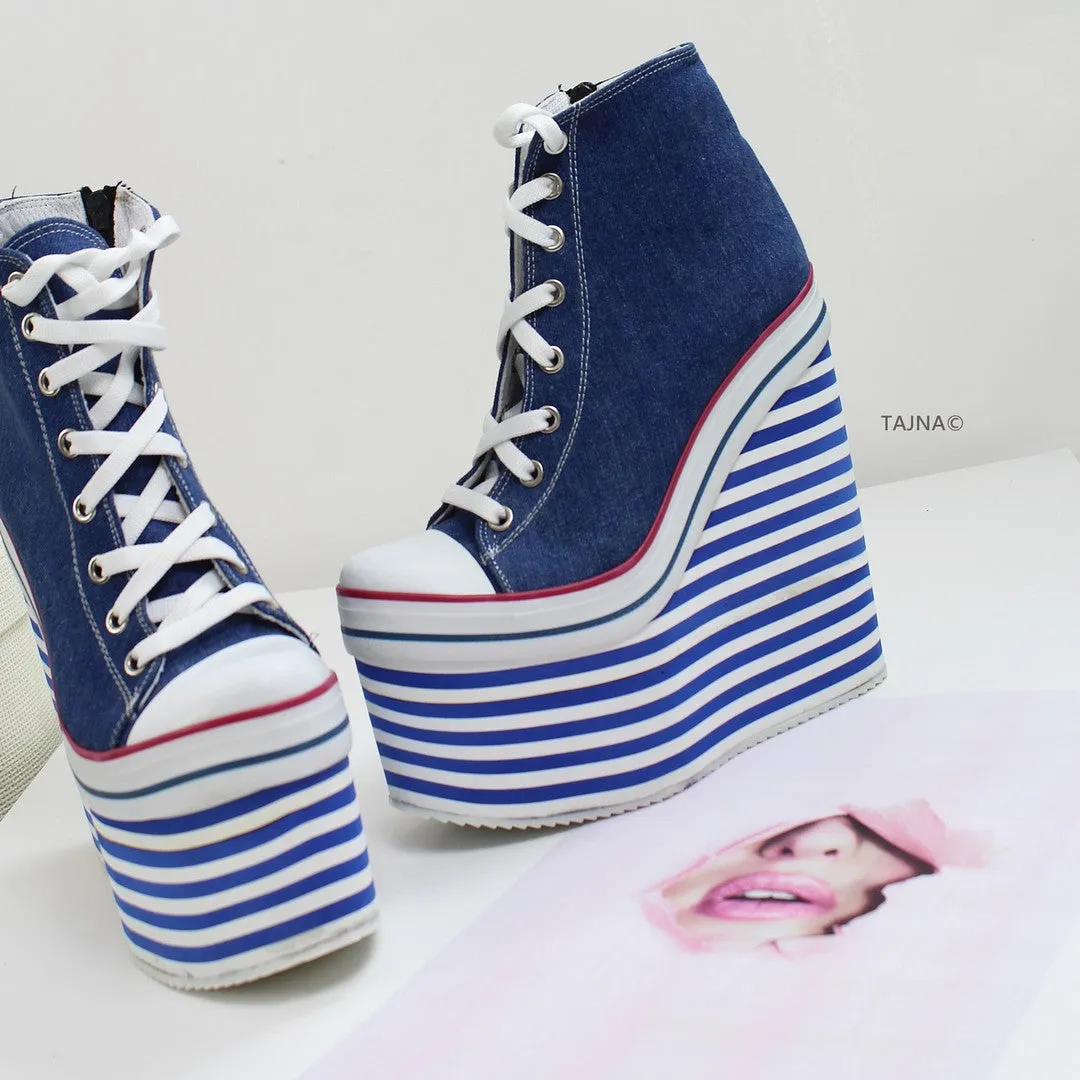 Lace Up High Heel Sport Jean Wedges