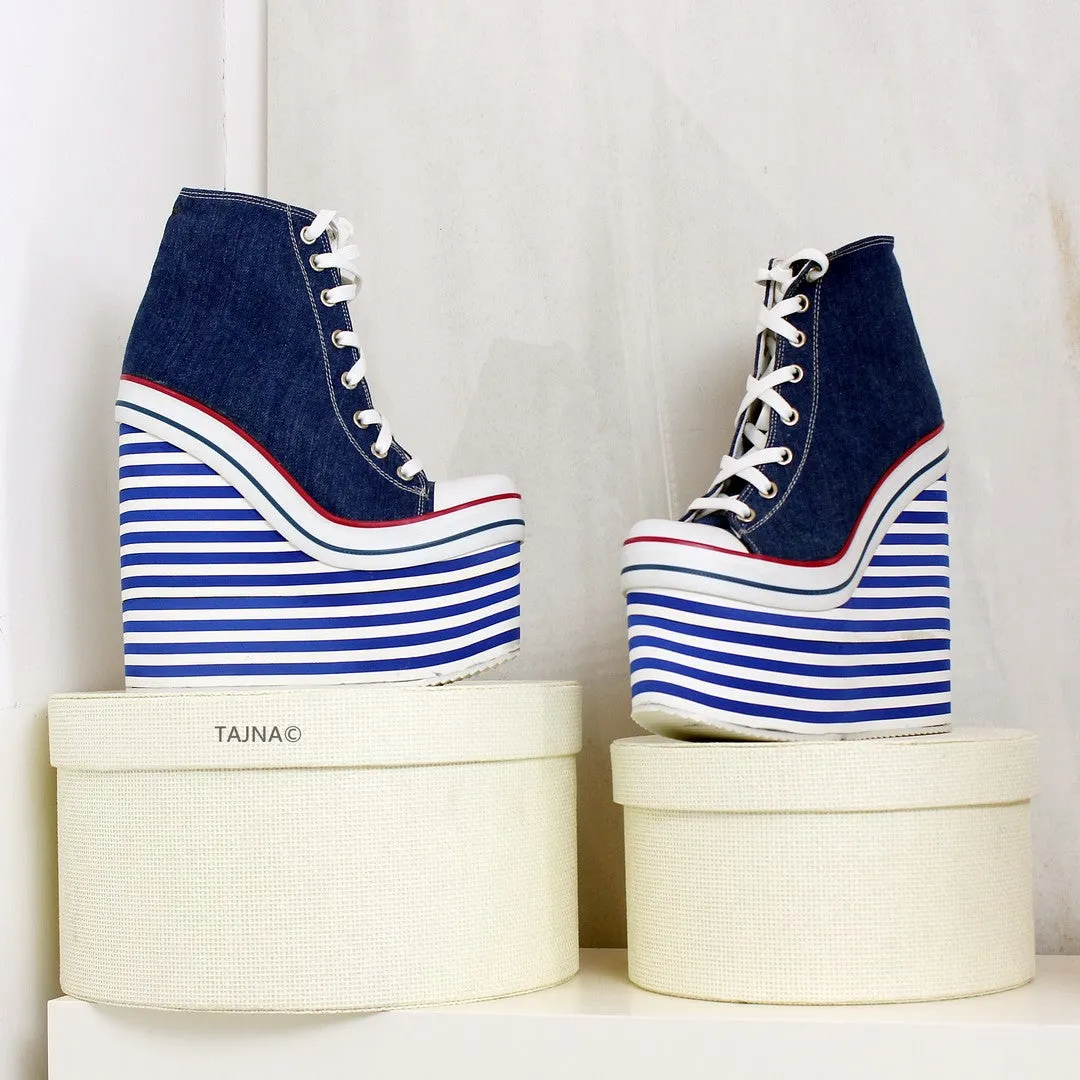 Lace Up High Heel Sport Jean Wedges