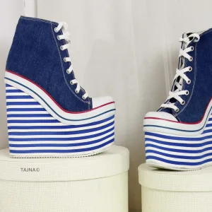 Lace Up High Heel Sport Jean Wedges