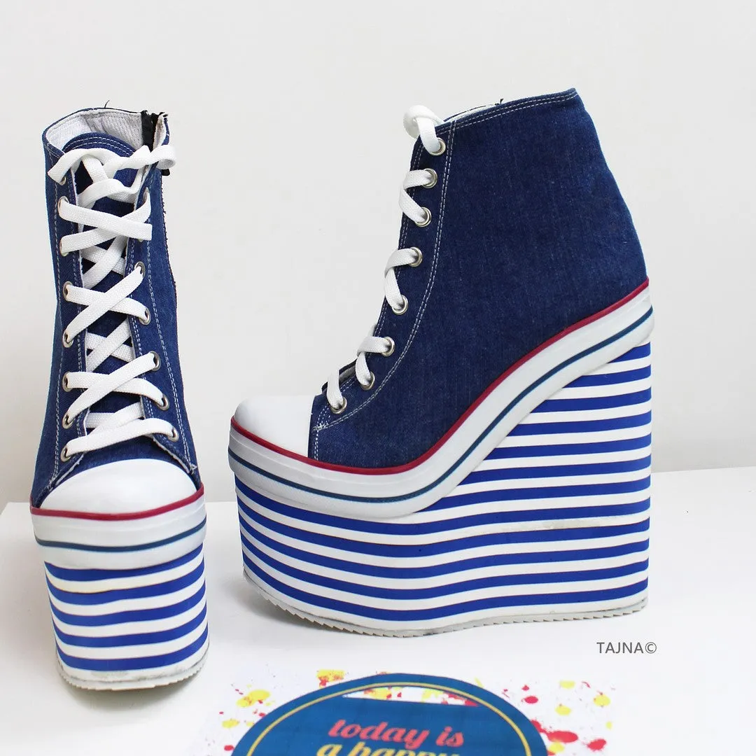 Lace Up High Heel Sport Jean Wedges