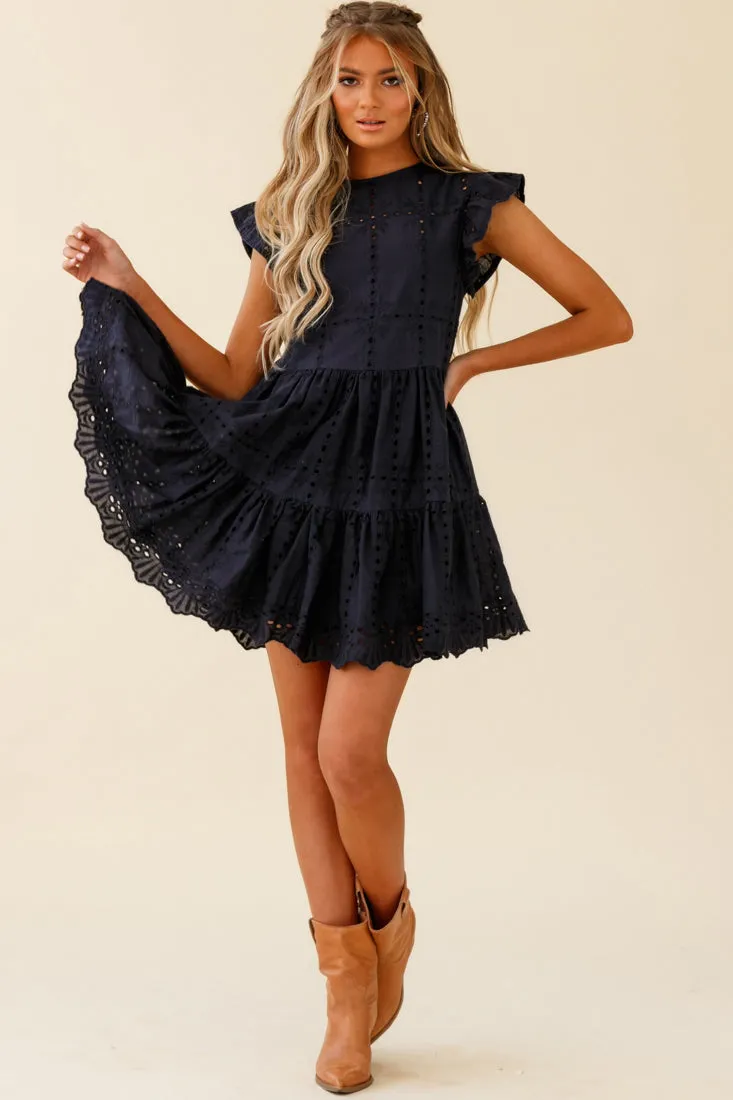 Louise Cap Sleeve Eyelet Embroidery Dress Navy