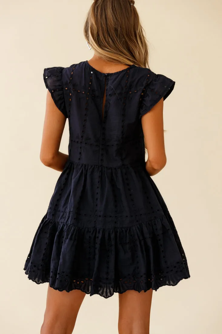 Louise Cap Sleeve Eyelet Embroidery Dress Navy