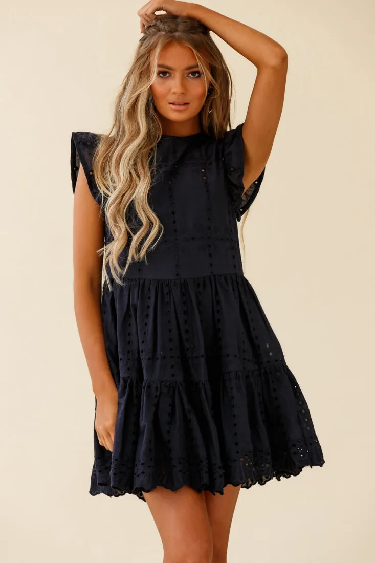 Louise Cap Sleeve Eyelet Embroidery Dress Navy