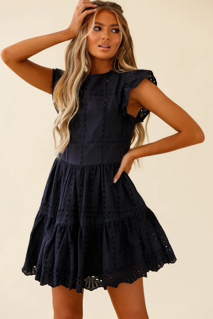 Louise Cap Sleeve Eyelet Embroidery Dress Navy