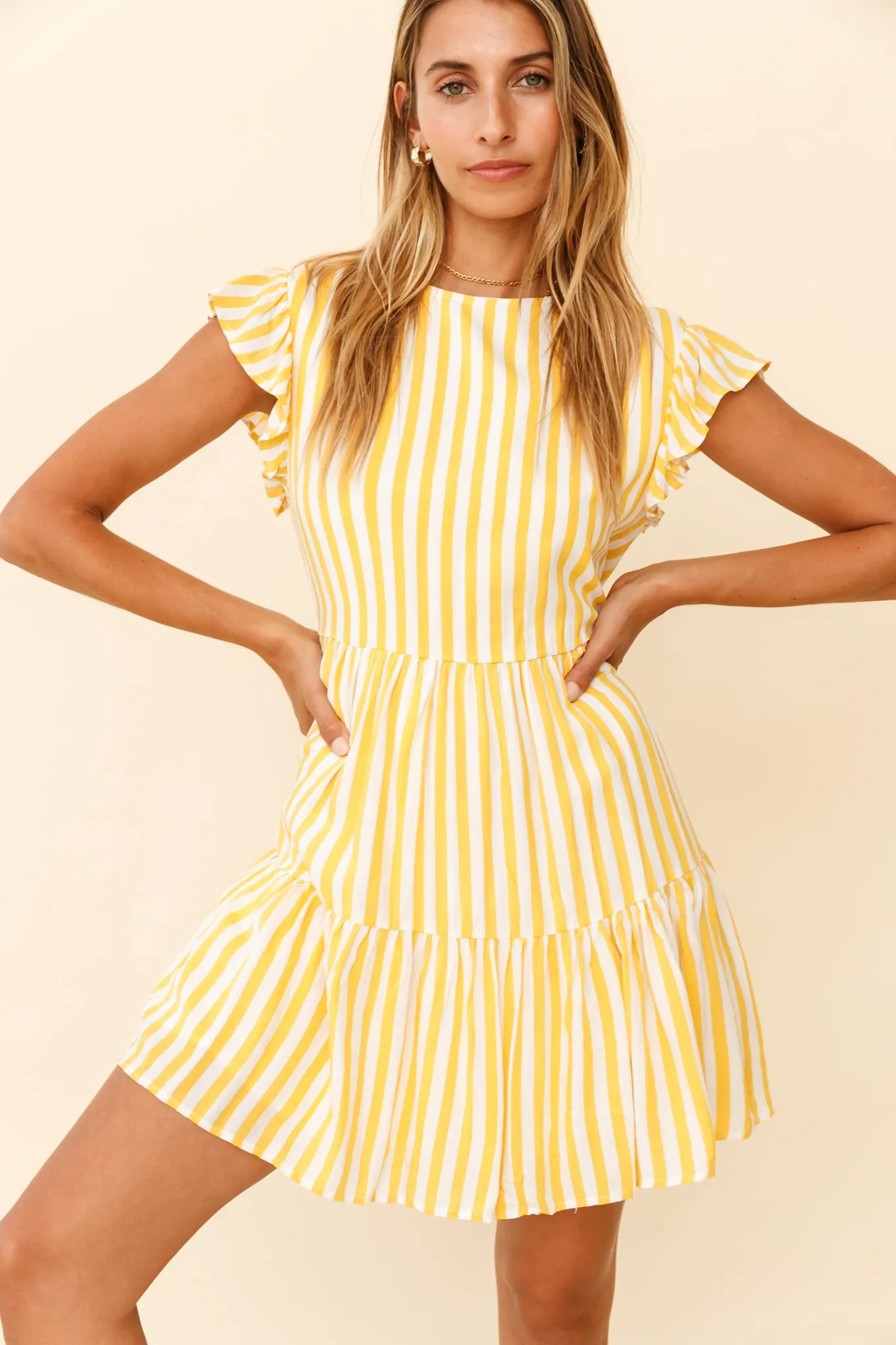 Louise Cap Sleeve Shift Dress Yellow Stripe