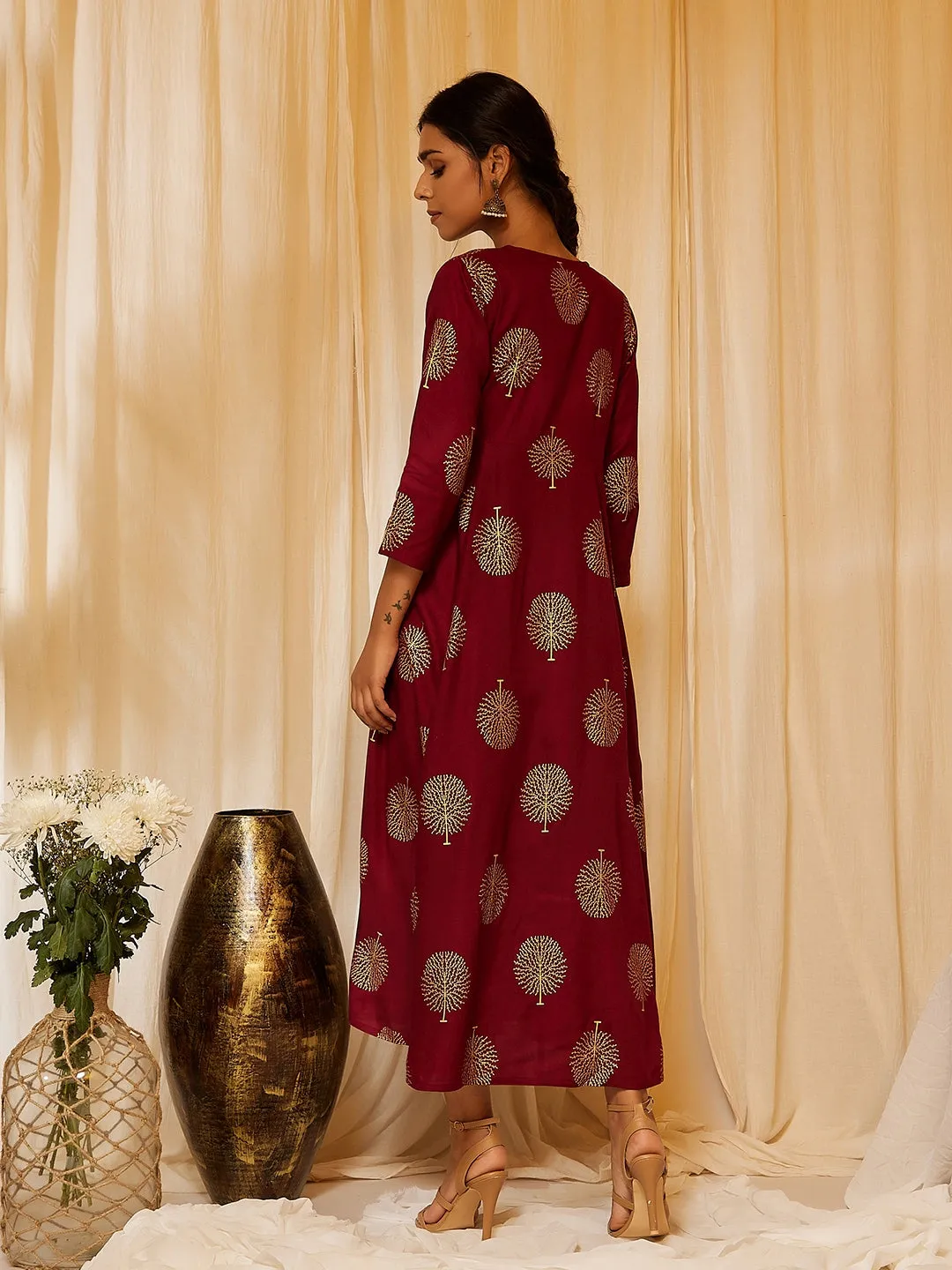 Maroon Gold Work A Line Dress