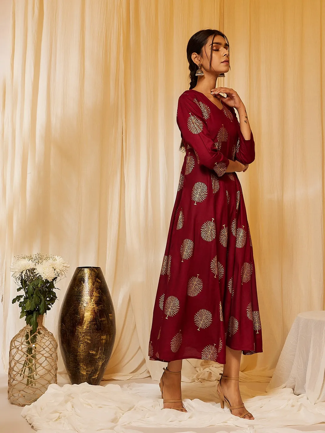 Maroon Gold Work A Line Dress