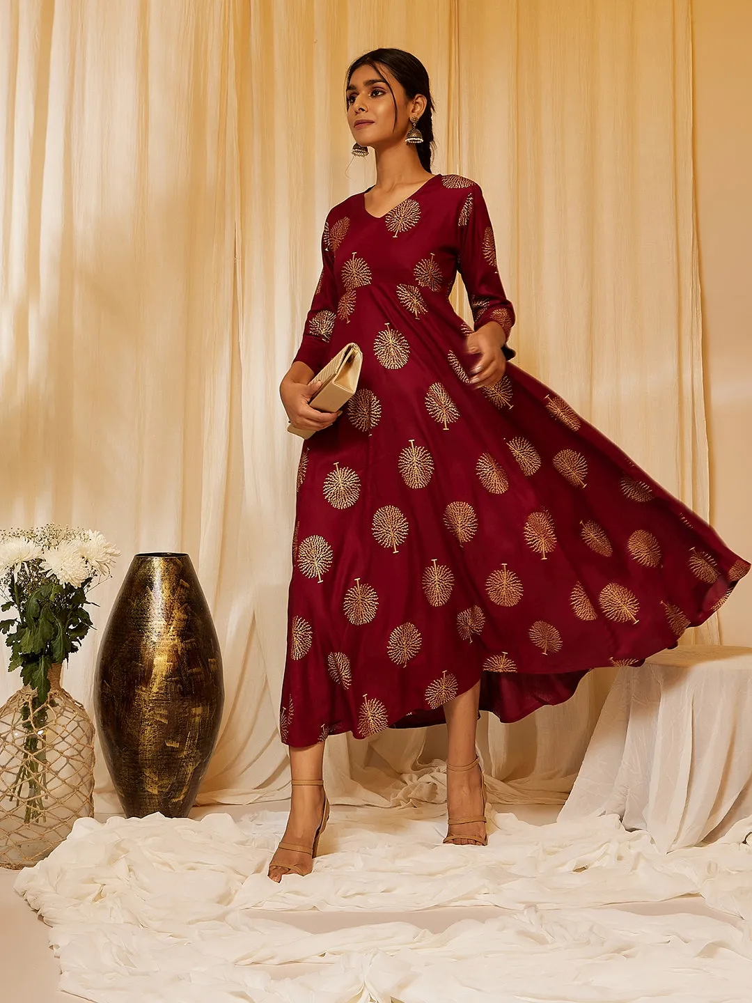 Maroon Gold Work A Line Dress