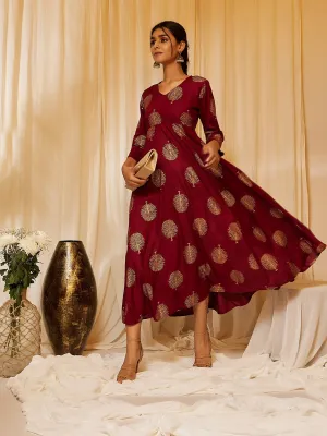 Maroon Gold Work A Line Dress