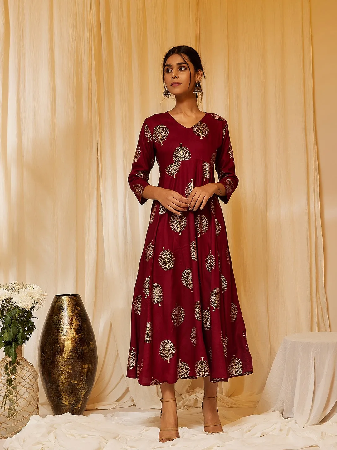 Maroon Gold Work A Line Dress