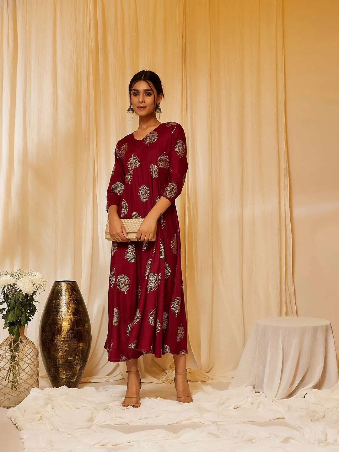 Maroon Gold Work A Line Dress
