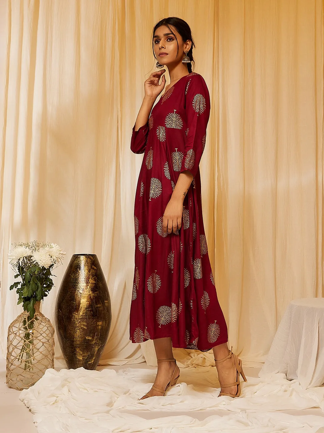 Maroon Gold Work A Line Dress