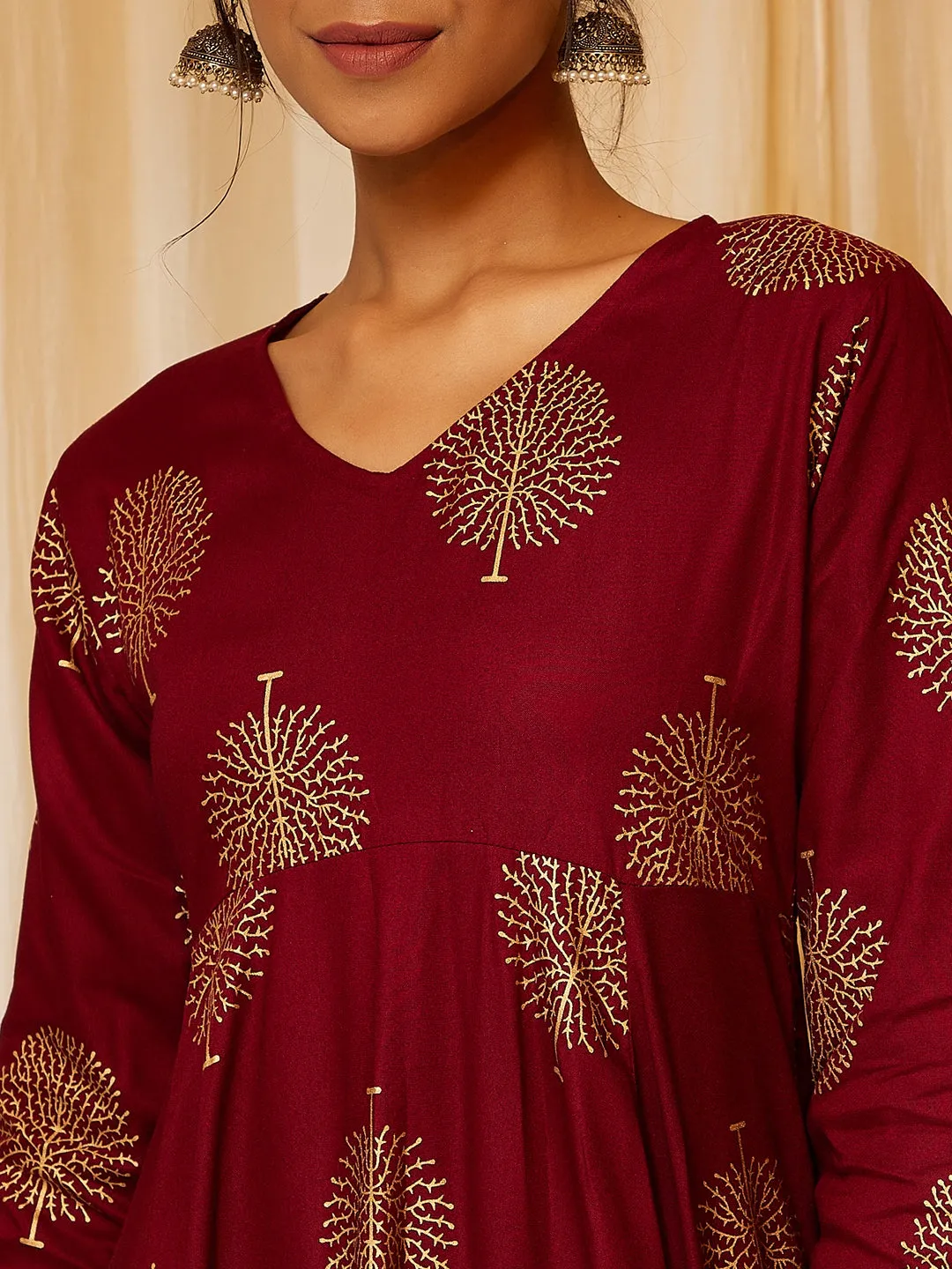 Maroon Gold Work A Line Dress