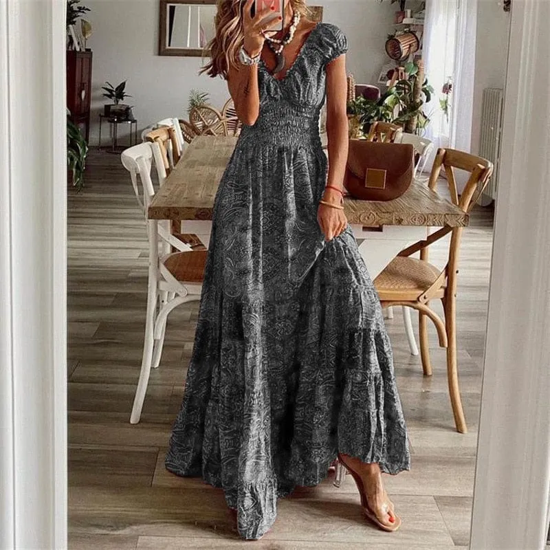Maxi-robe boho à manches courtes