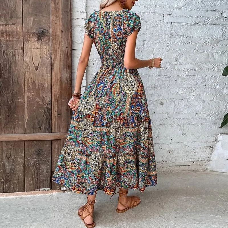 Maxi-robe boho à manches courtes