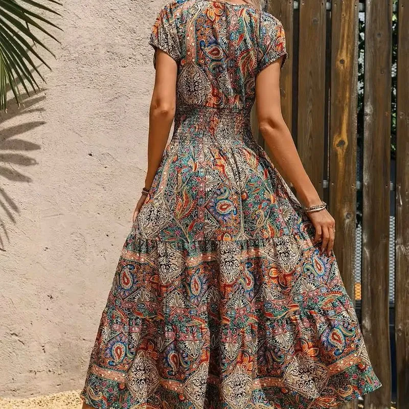 Maxi-robe boho à manches courtes