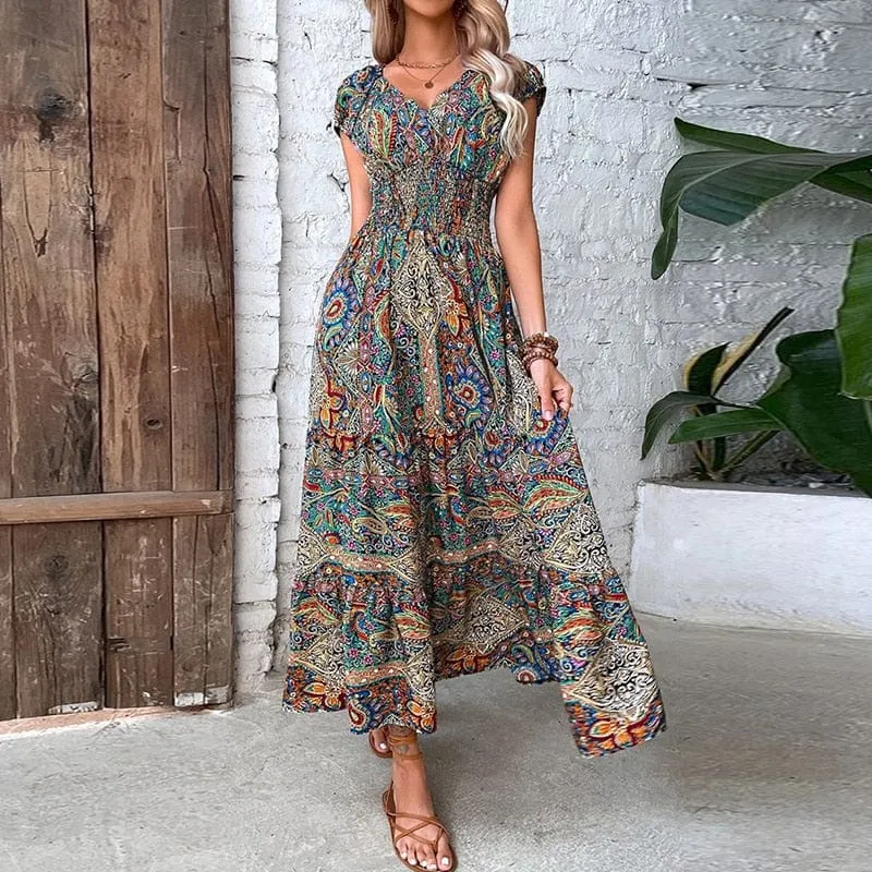 Maxi-robe boho à manches courtes