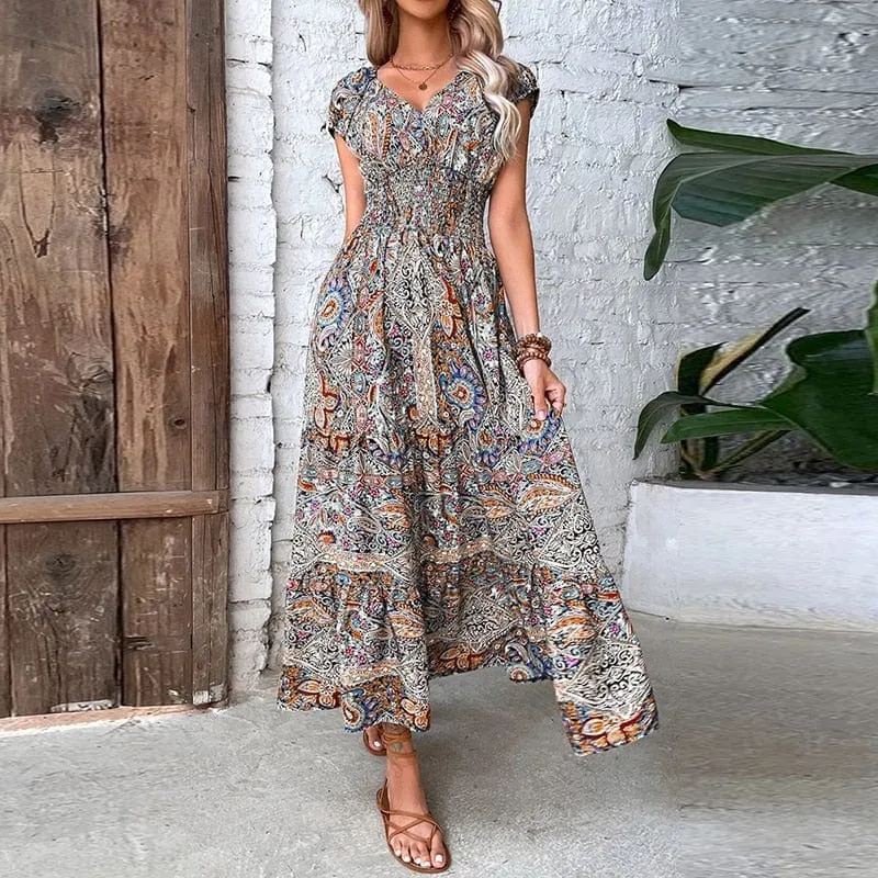 Maxi-robe boho à manches courtes
