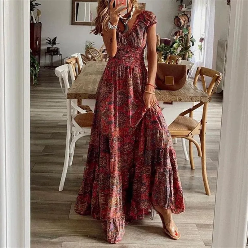 Maxi-robe boho à manches courtes