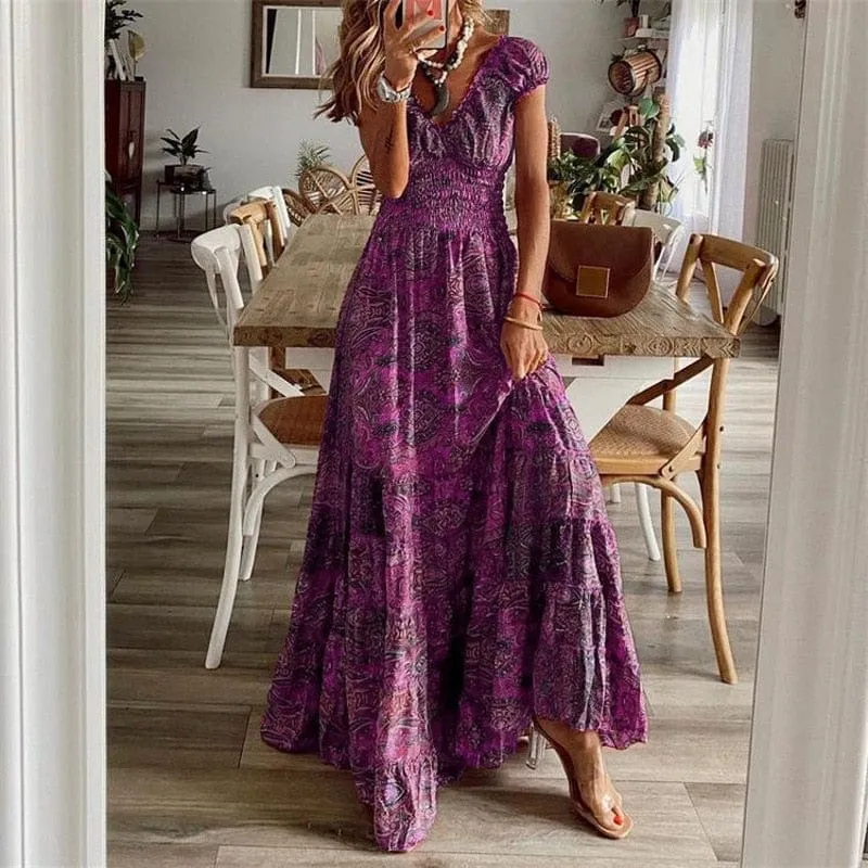 Maxi-robe boho à manches courtes
