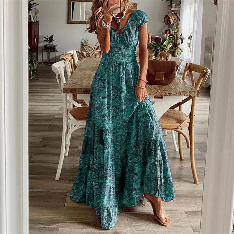 Maxi-robe boho à manches courtes