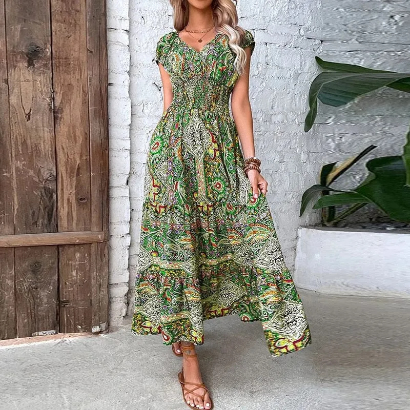 Maxi-robe boho à manches courtes