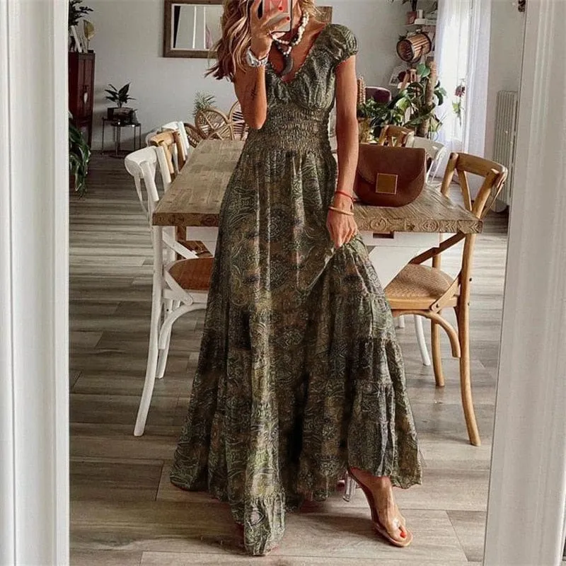 Maxi-robe boho à manches courtes