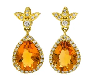 Modern Citrine Diamond 18 Karat Gold Foliate Drop Earrings