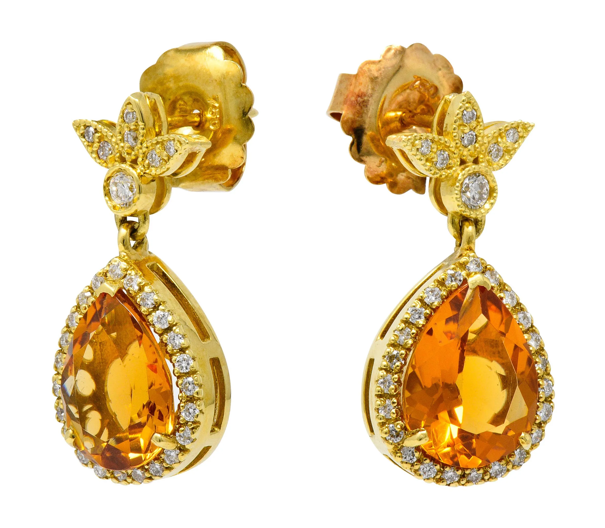 Modern Citrine Diamond 18 Karat Gold Foliate Drop Earrings