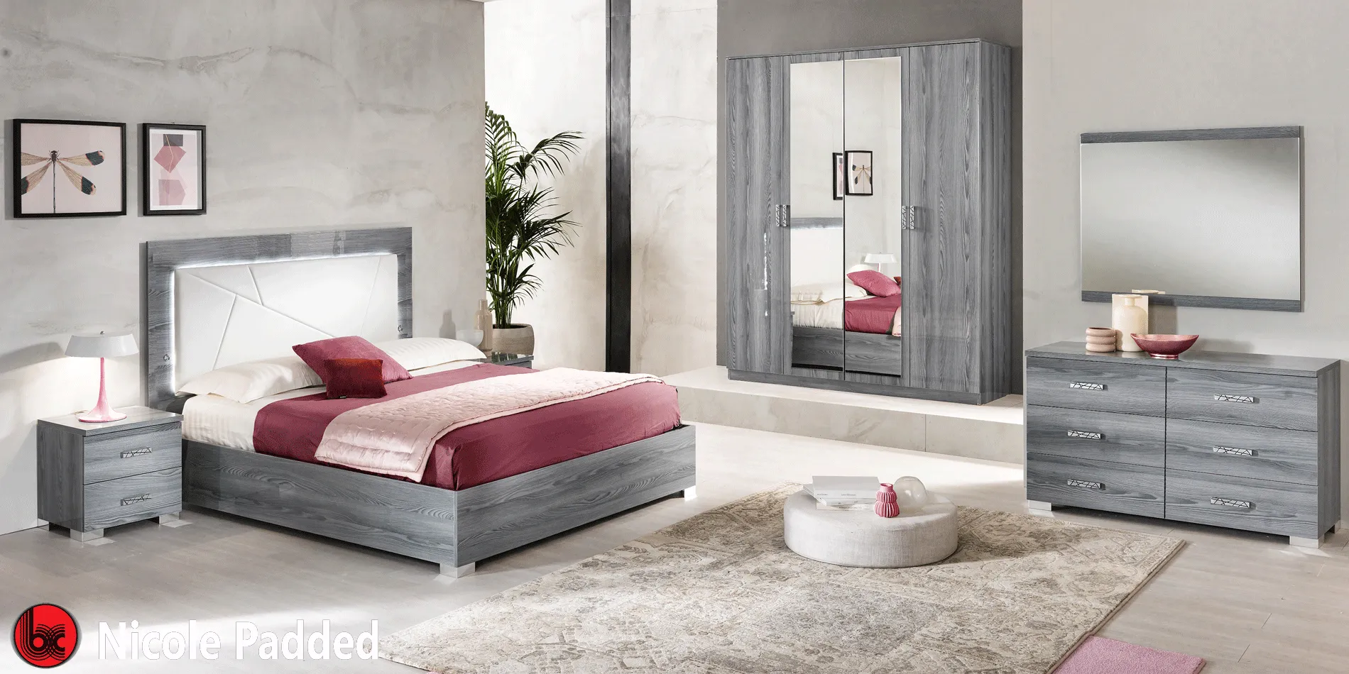 Nicole Bedroom w/ Upholstered HB in Grey w/ Light SET