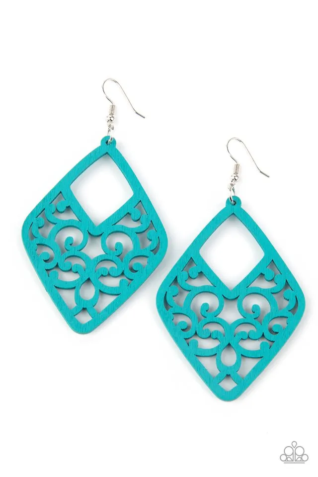 "Vine for the Taking" Blue Kite Shaped Filigree Wood Earrings