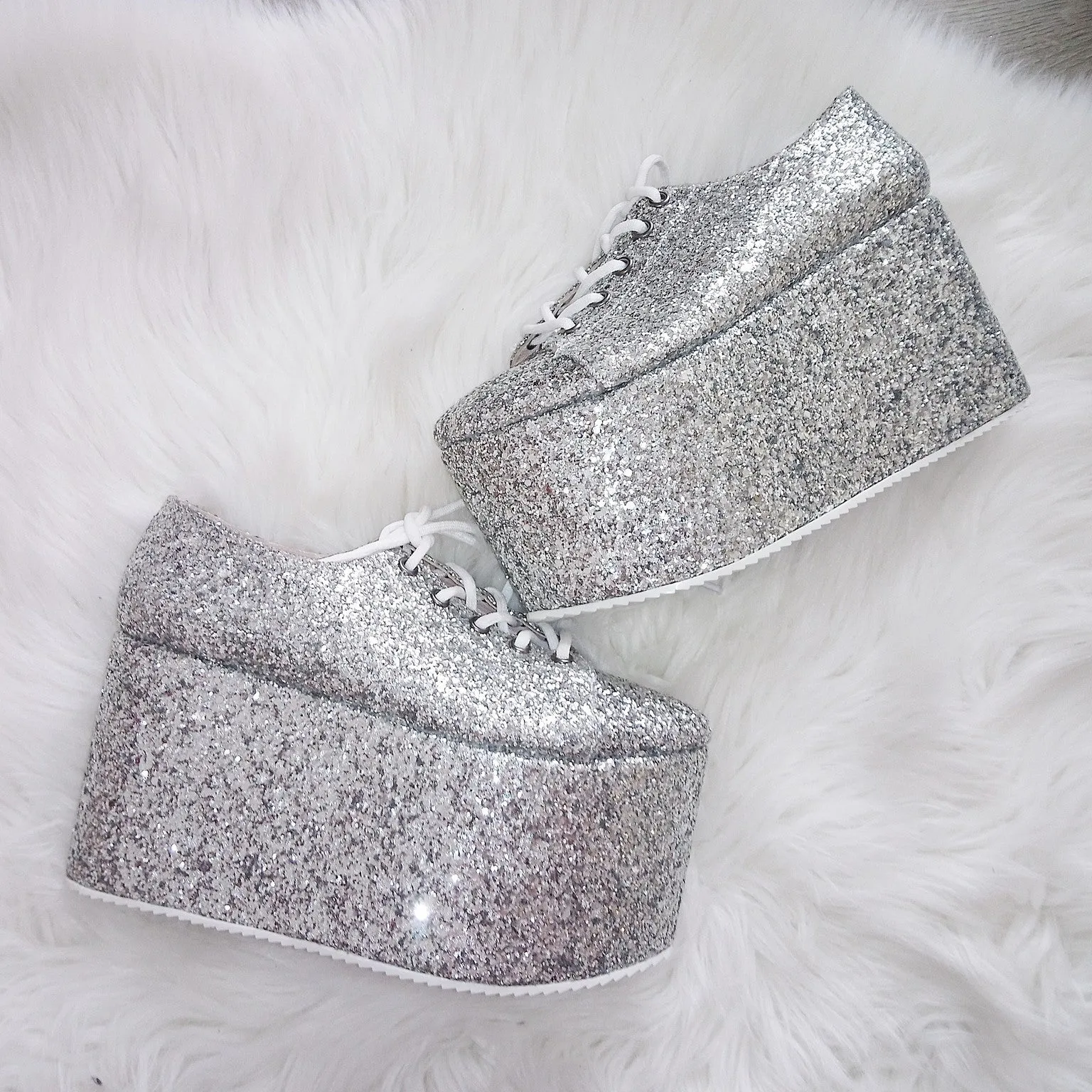 Silver Glitter Lace Up Sport Wedge Platform Shoes